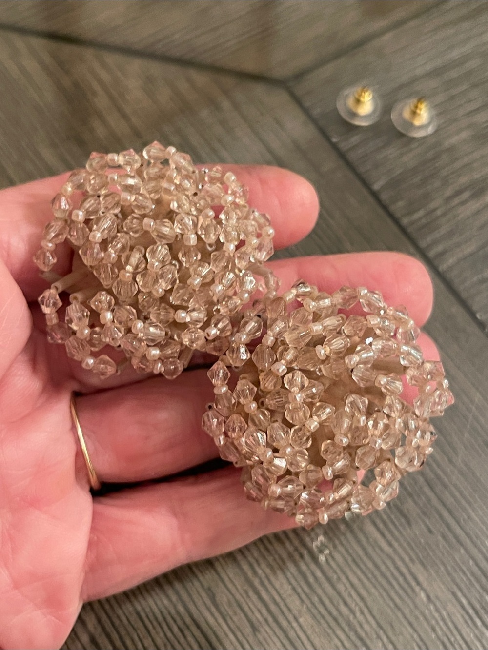 Vintage Beaded Cluster Earrings - Blush Colored Beaded Pom Pom Earrings - Picture 4 of 13